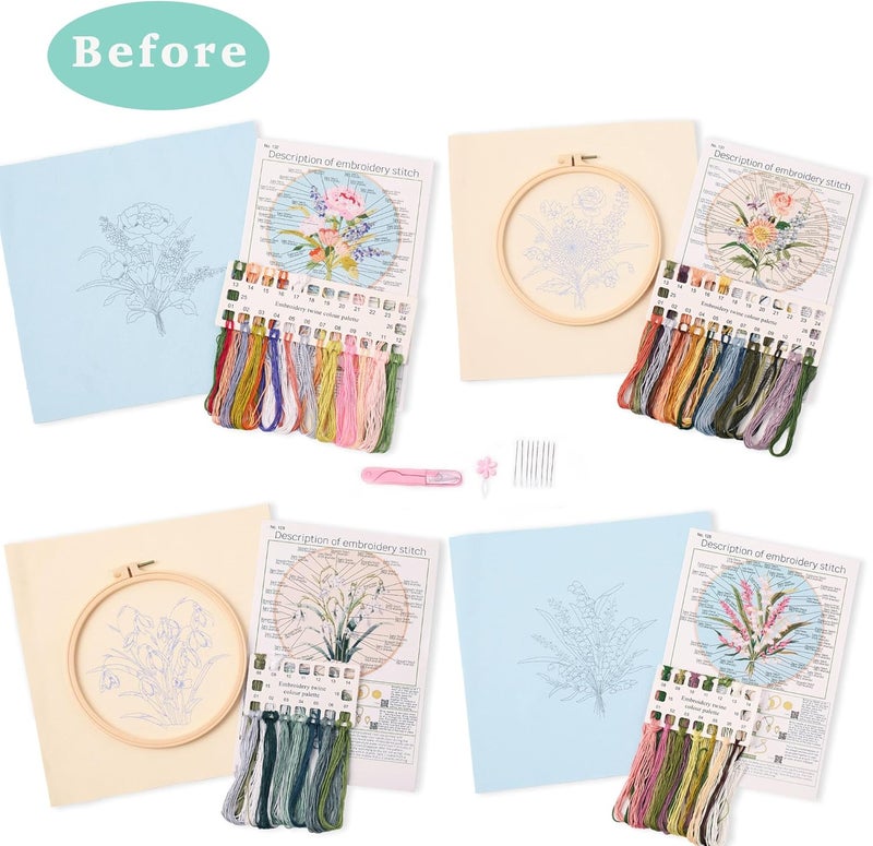 REEWISLY 4pc of Embroidery Kits with Patterns and Instructions, DIY Adult Beginner Cross Stitch Kits, Including 2 Plastic Embroidery Rings, 1 Pair of Scissors, Colored Threads and Needles - Image 2